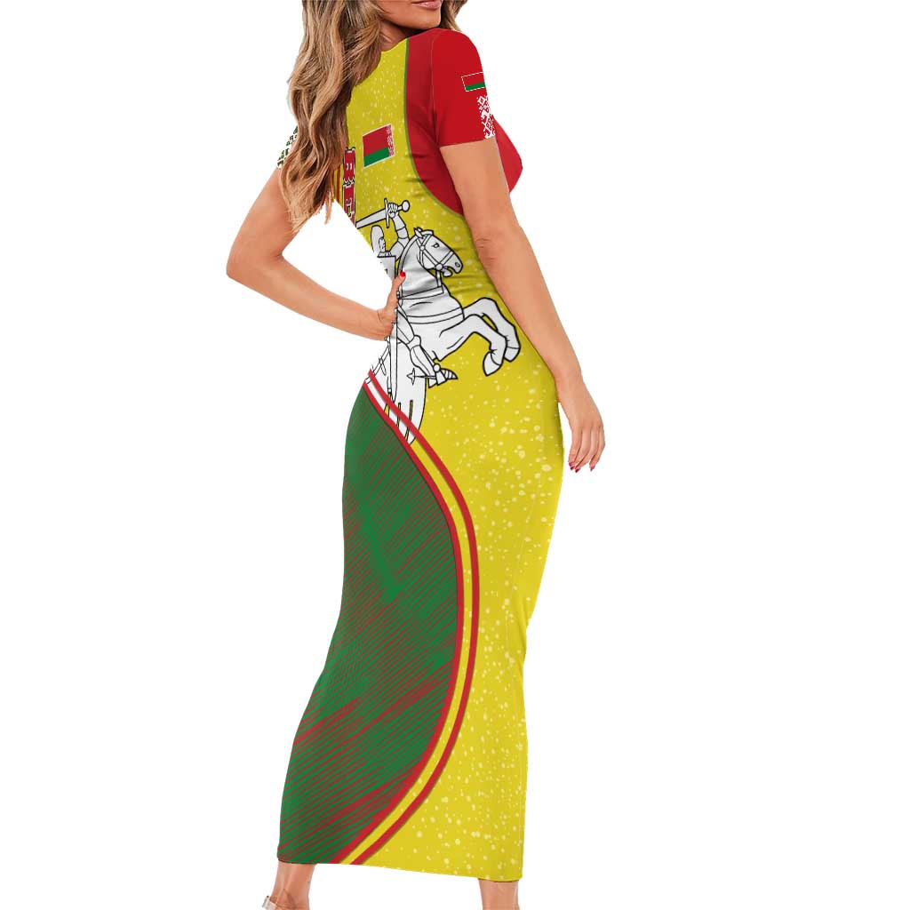 Belarus Pahonia Knight Crest Family Matching Short Sleeve Bodycon Dress and Hawaiian Shirt with Red Green Yellow Folk Pattern Design