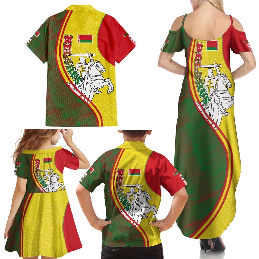 Belarus Pahonia Knight Crest Family Matching Summer Maxi Dress and Hawaiian Shirt with Red Green Yellow Folk Pattern Design