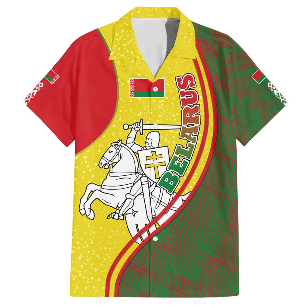 Belarus Pahonia Knight Crest Family Matching Summer Maxi Dress and Hawaiian Shirt with Red Green Yellow Folk Pattern Design