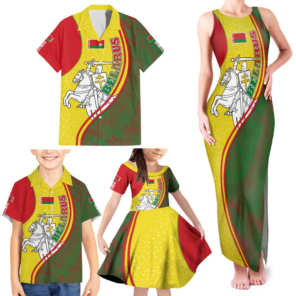 Belarus Pahonia Knight Crest Family Matching Tank Maxi Dress and Hawaiian Shirt with Red Green Yellow Folk Pattern Design