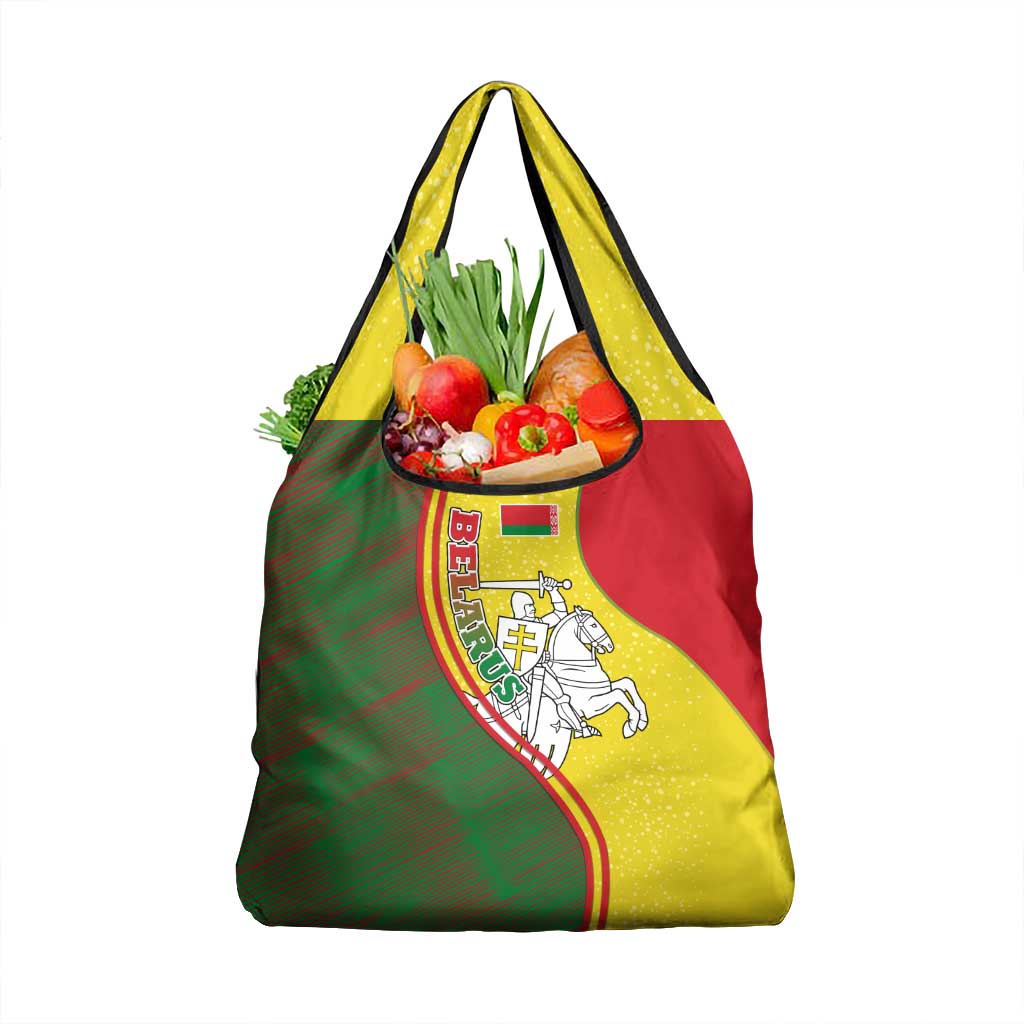 Belarus Pahonia Knight Crest Grocery Bag with Red Green Yellow Folk Pattern Design