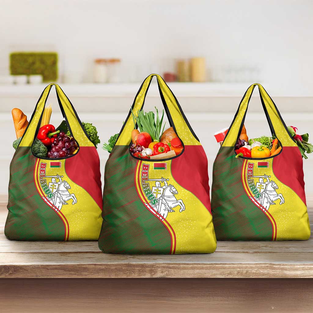 Belarus Pahonia Knight Crest Grocery Bag with Red Green Yellow Folk Pattern Design