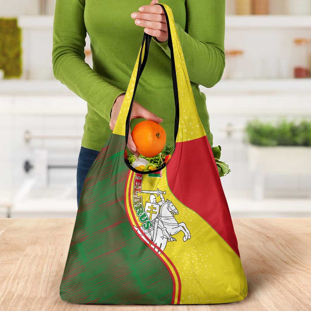 Belarus Pahonia Knight Crest Grocery Bag with Red Green Yellow Folk Pattern Design