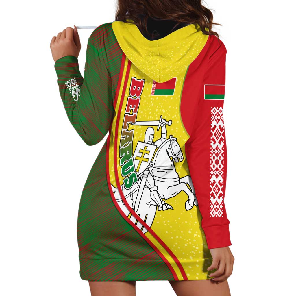 Belarus Pahonia Knight Crest Hoodie Dress with Red Green Yellow Folk Pattern Design