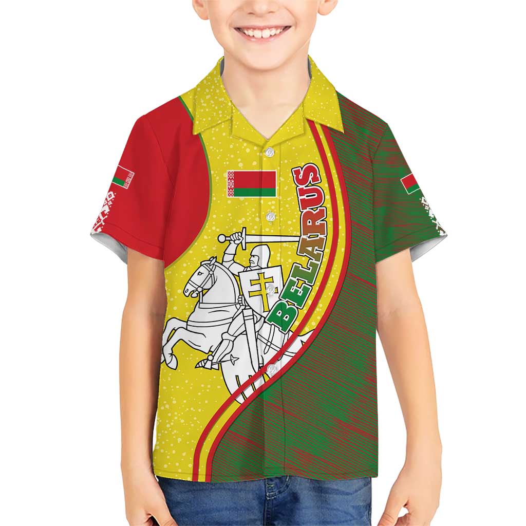 Belarus Pahonia Knight Crest Kid Hawaiian Shirt with Red Green Yellow Folk Pattern Design