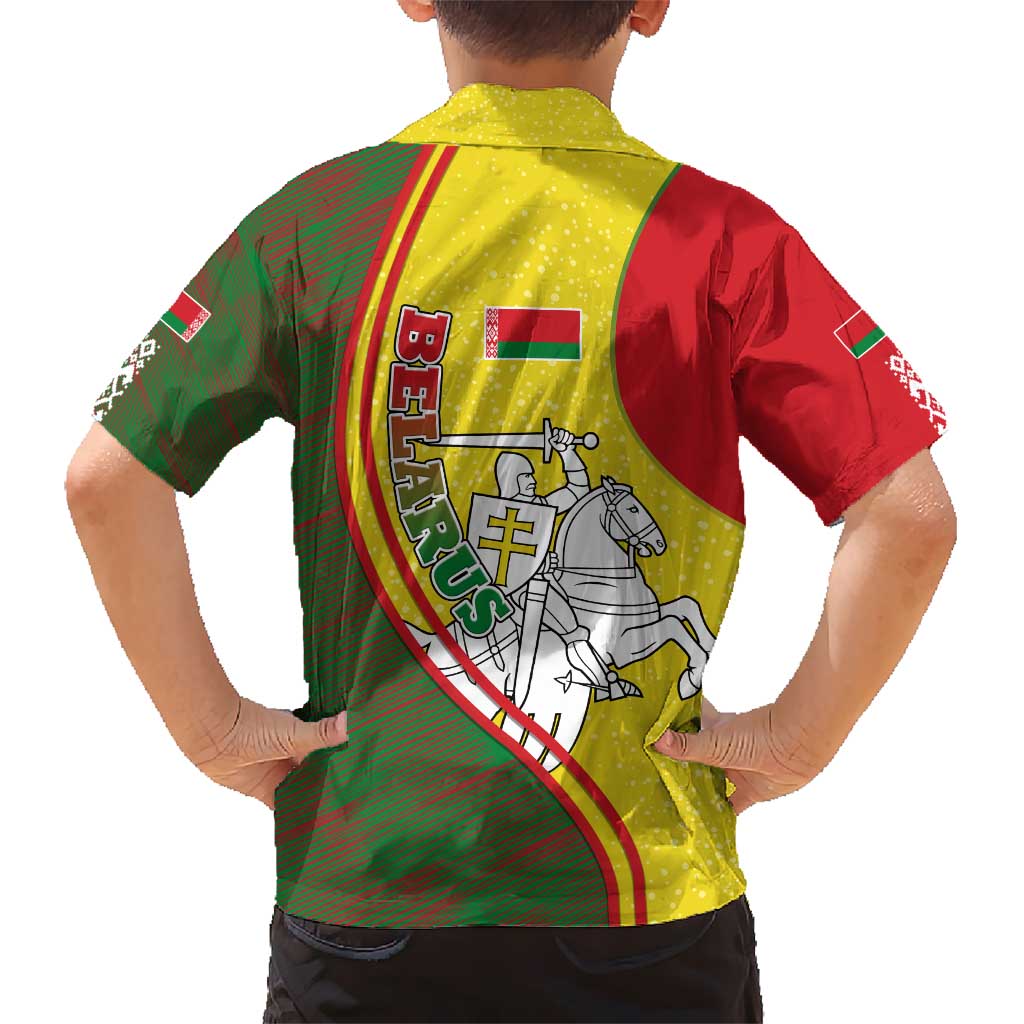 Belarus Pahonia Knight Crest Kid Hawaiian Shirt with Red Green Yellow Folk Pattern Design