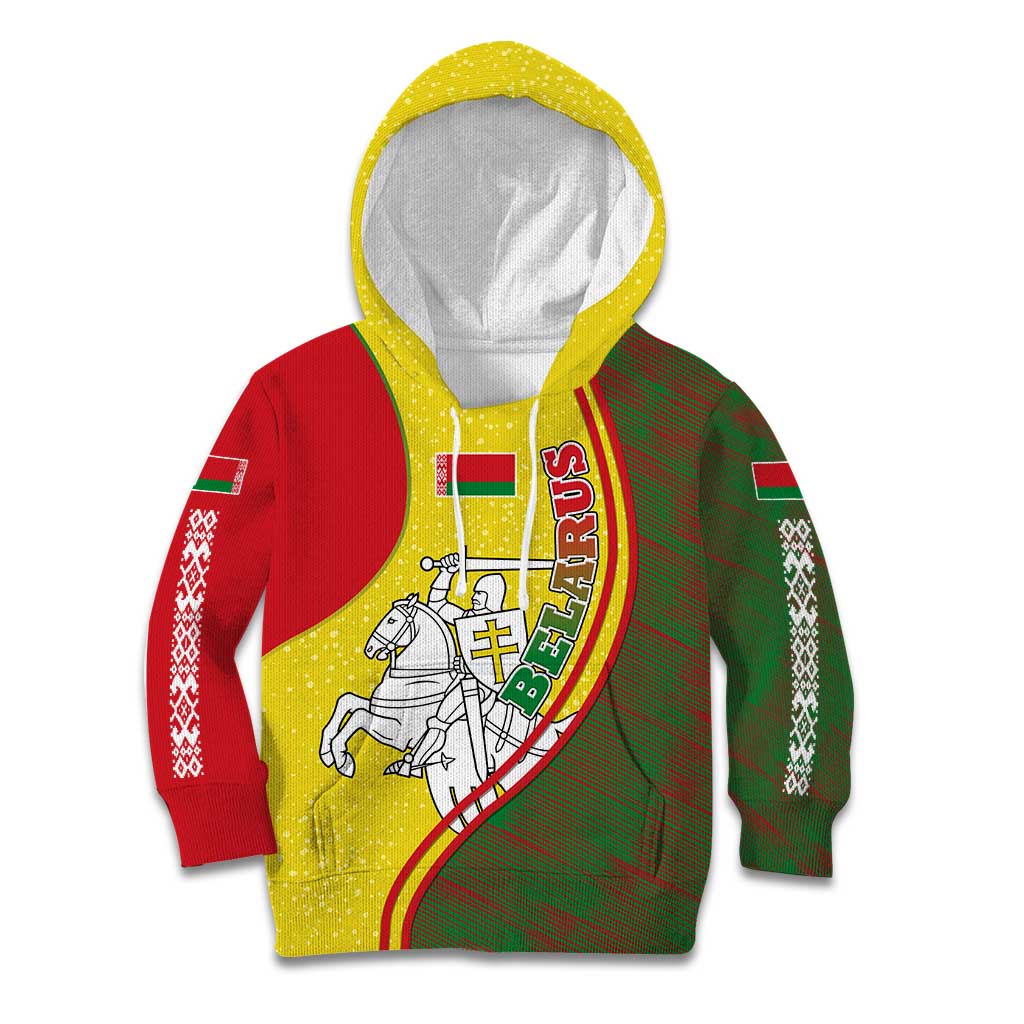 Belarus Pahonia Knight Crest Kid Hoodie with Red Green Yellow Folk Pattern Design