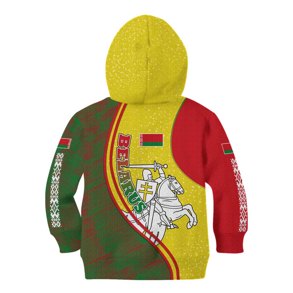 Belarus Pahonia Knight Crest Kid Hoodie with Red Green Yellow Folk Pattern Design