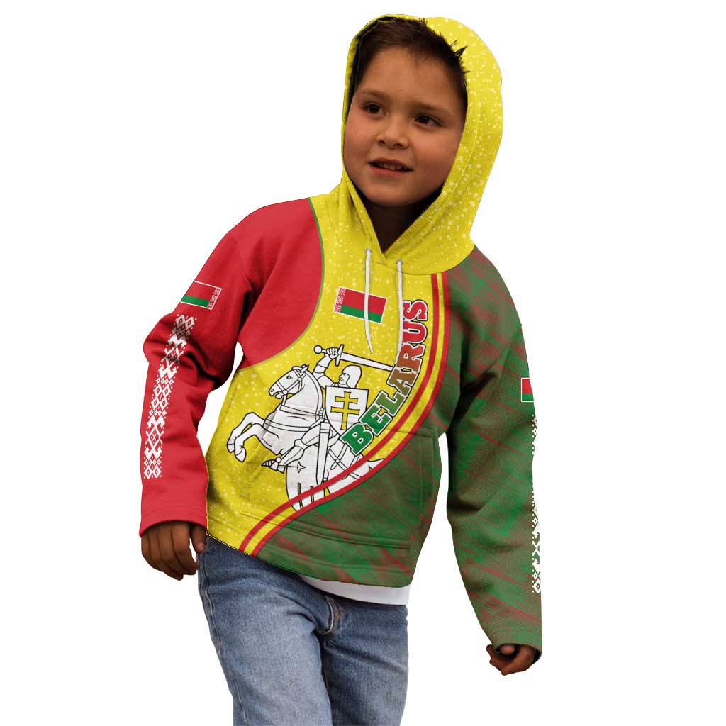 Belarus Pahonia Knight Crest Kid Hoodie with Red Green Yellow Folk Pattern Design