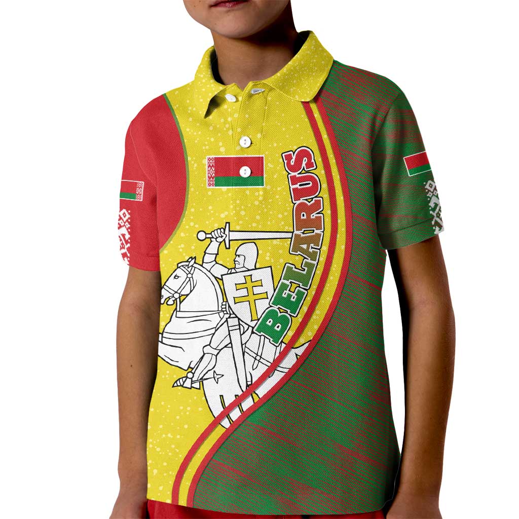 Belarus Pahonia Knight Crest Kid Polo Shirt with Red Green Yellow Folk Pattern Design