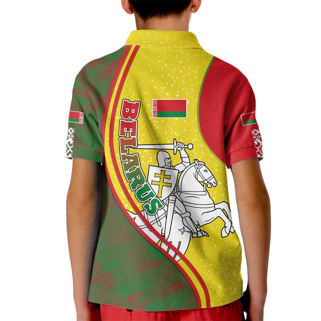 Belarus Pahonia Knight Crest Kid Polo Shirt with Red Green Yellow Folk Pattern Design