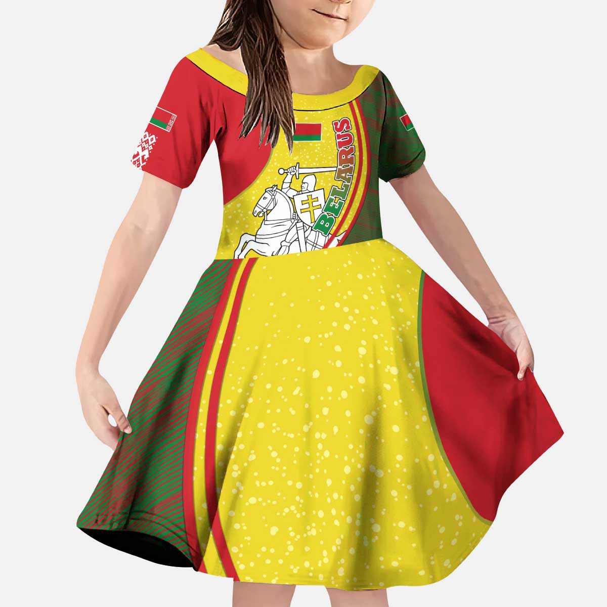 Belarus Pahonia Knight Crest Kid Short Sleeve Dress with Red Green Yellow Folk Pattern Design