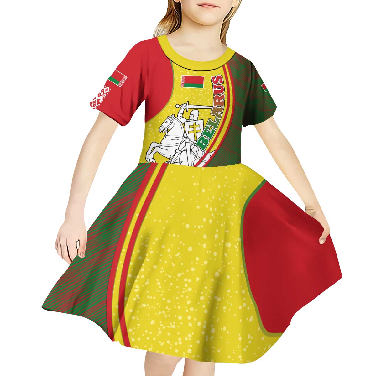 Belarus Pahonia Knight Crest Kid Short Sleeve Dress with Red Green Yellow Folk Pattern Design