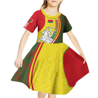 Belarus Pahonia Knight Crest Kid Short Sleeve Dress with Red Green Yellow Folk Pattern Design