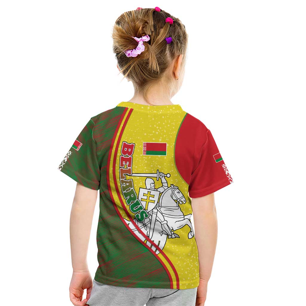 Belarus Pahonia Knight Crest Kid T Shirt with Red Green Yellow Folk Pattern Design
