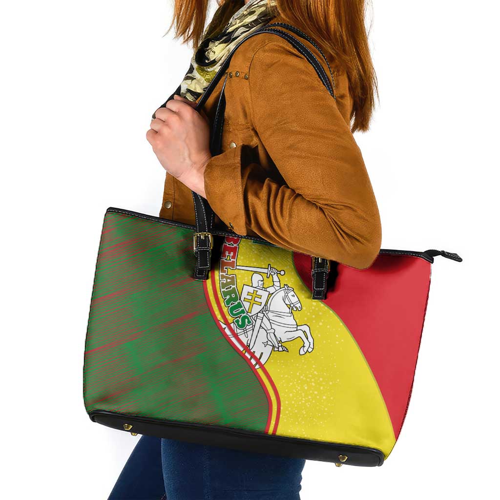 Belarus Pahonia Knight Crest Leather Tote Bag with Red Green Yellow Folk Pattern Design