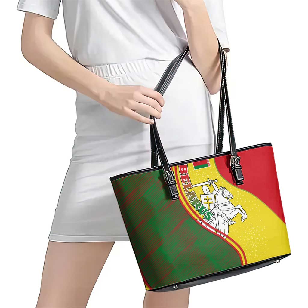Belarus Pahonia Knight Crest Leather Tote Bag with Red Green Yellow Folk Pattern Design