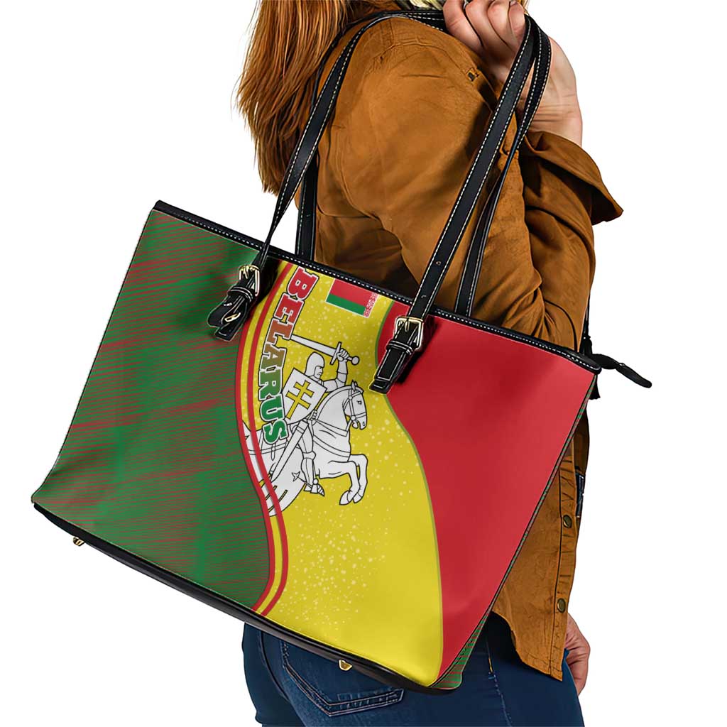 Belarus Pahonia Knight Crest Leather Tote Bag with Red Green Yellow Folk Pattern Design