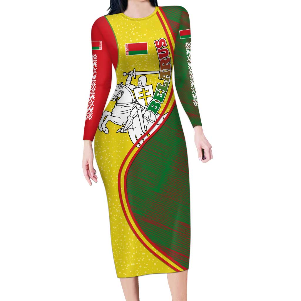Belarus Pahonia Knight Crest Long Sleeve Bodycon Dress with Red Green Yellow Folk Pattern Design
