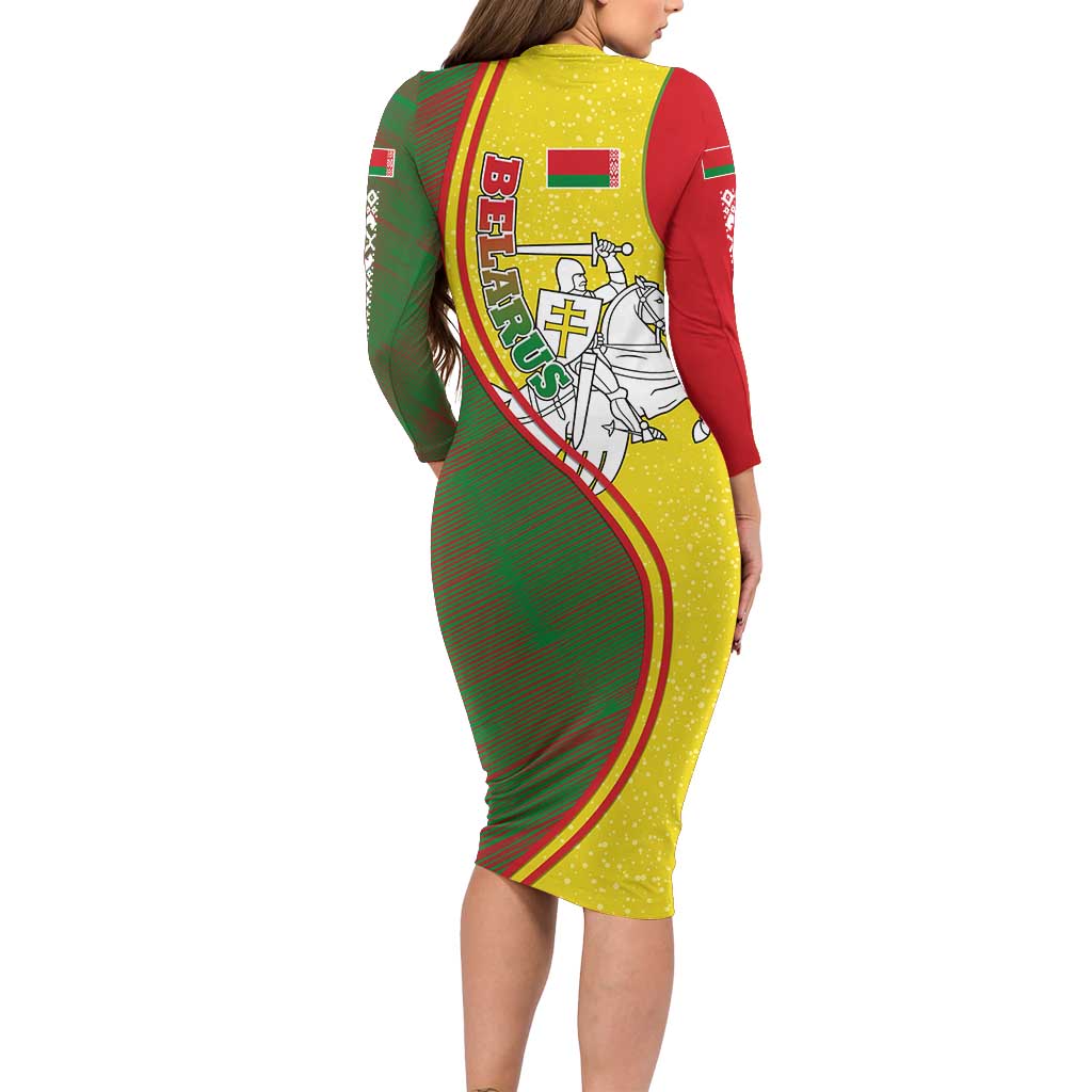 Belarus Pahonia Knight Crest Long Sleeve Bodycon Dress with Red Green Yellow Folk Pattern Design