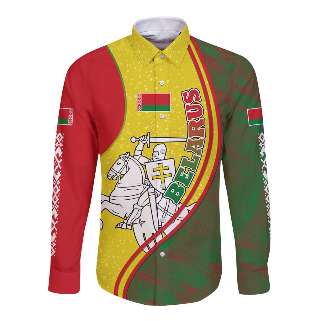 Belarus Pahonia Knight Crest Long Sleeve Button Shirt with Red Green Yellow Folk Pattern Design