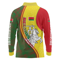 Belarus Pahonia Knight Crest Long Sleeve Polo Shirt with Red Green Yellow Folk Pattern Design