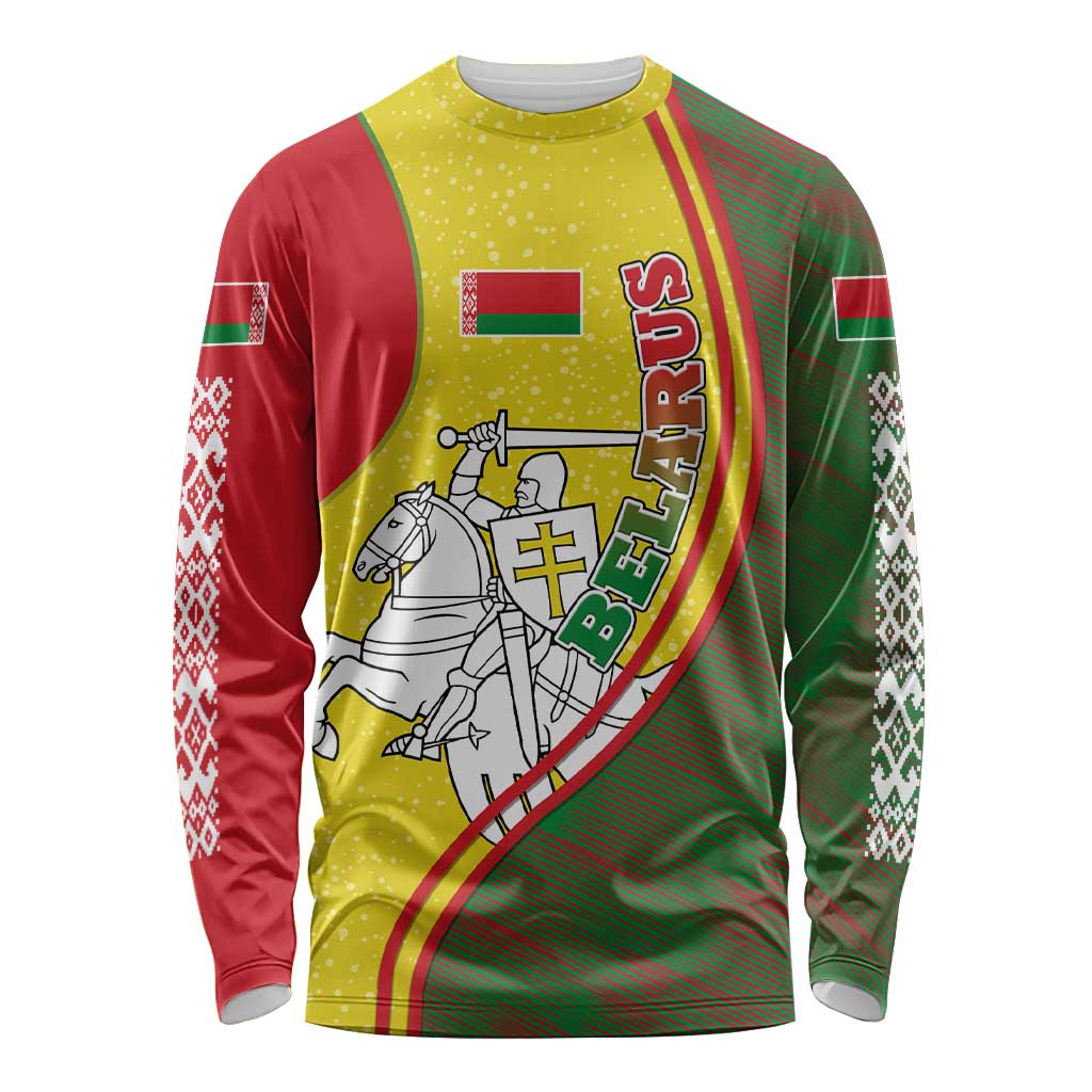Belarus Pahonia Knight Crest Long Sleeve Shirt with Red Green Yellow Folk Pattern Design