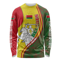 Belarus Pahonia Knight Crest Long Sleeve Shirt with Red Green Yellow Folk Pattern Design