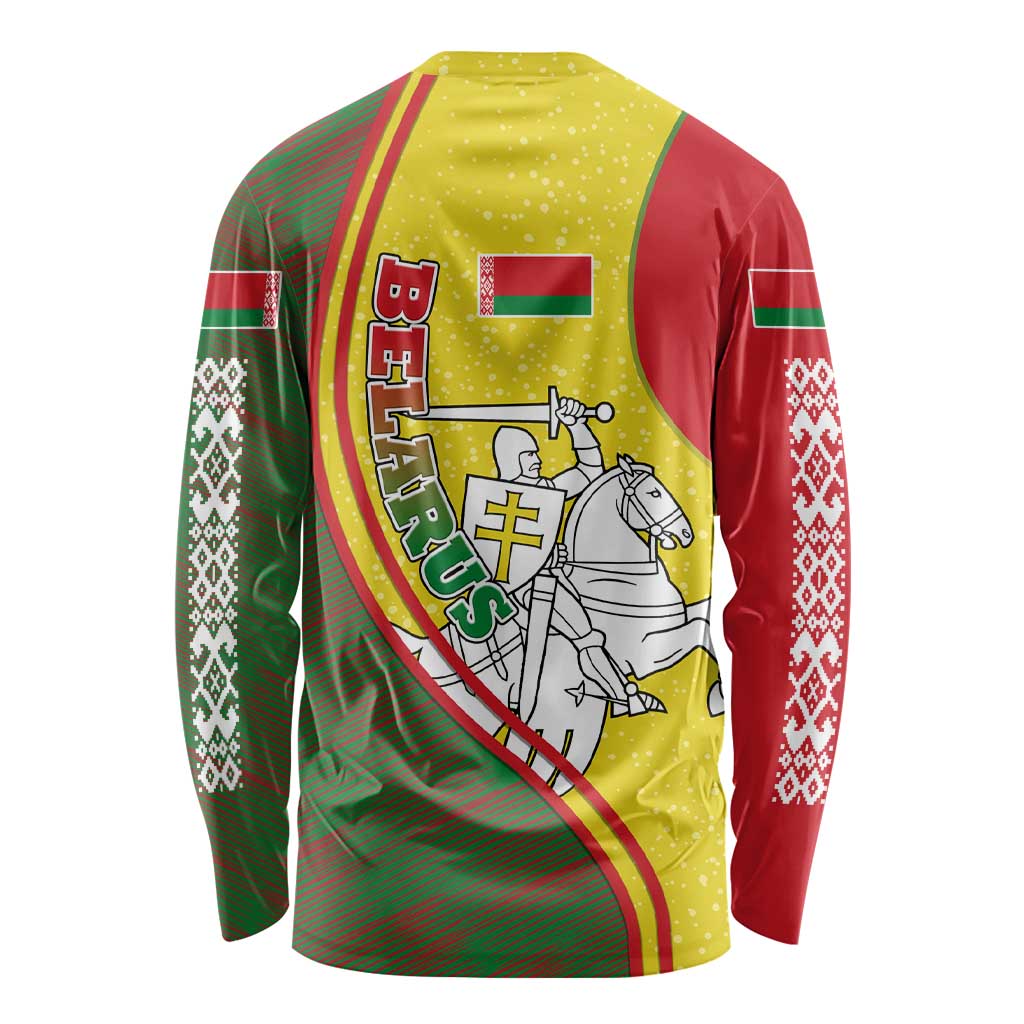 Belarus Pahonia Knight Crest Long Sleeve Shirt with Red Green Yellow Folk Pattern Design