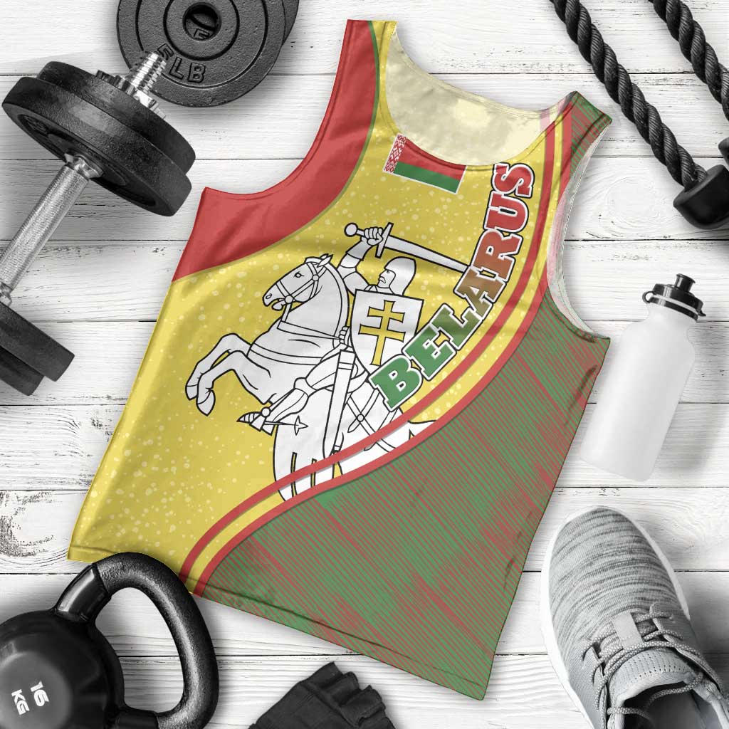 Belarus Pahonia Knight Crest Men Tank Top with Red Green Yellow Folk Pattern Design