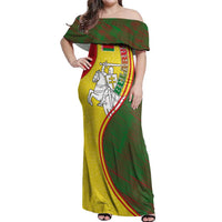 Belarus Pahonia Knight Crest Off Shoulder Maxi Dress with Red Green Yellow Folk Pattern Design