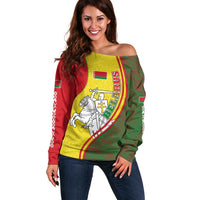 Belarus Pahonia Knight Crest Off Shoulder Sweater with Red Green Yellow Folk Pattern Design