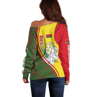 Belarus Pahonia Knight Crest Off Shoulder Sweater with Red Green Yellow Folk Pattern Design