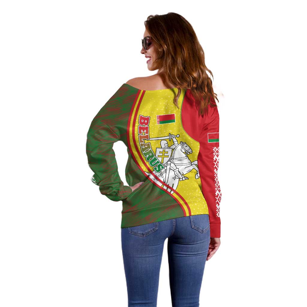 Belarus Pahonia Knight Crest Off Shoulder Sweater with Red Green Yellow Folk Pattern Design