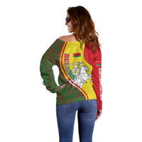 Belarus Pahonia Knight Crest Off Shoulder Sweater with Red Green Yellow Folk Pattern Design