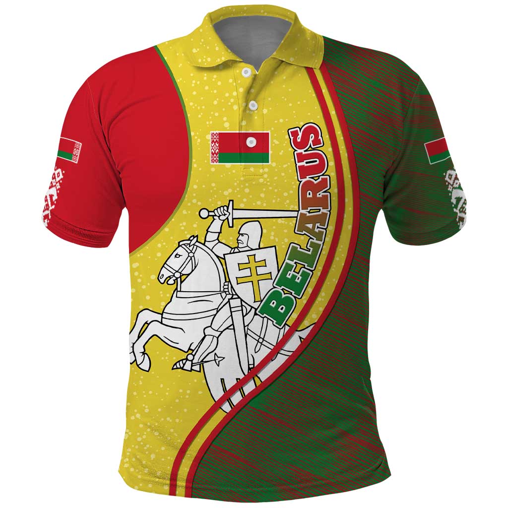 Belarus Pahonia Knight Crest Polo Shirt with Red Green Yellow Folk Pattern Design