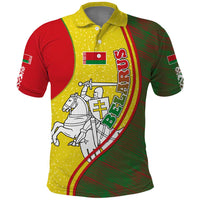 Belarus Pahonia Knight Crest Polo Shirt with Red Green Yellow Folk Pattern Design