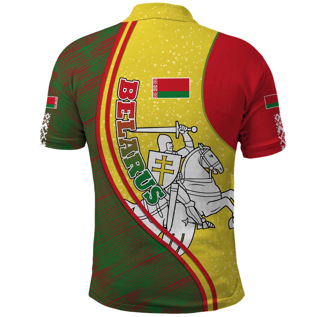 Belarus Pahonia Knight Crest Polo Shirt with Red Green Yellow Folk Pattern Design