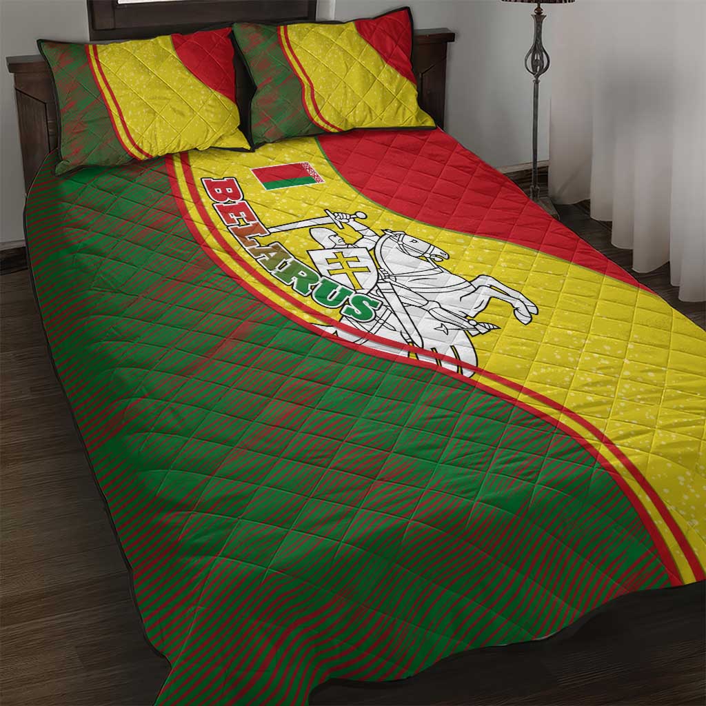 Belarus Pahonia Knight Crest Quilt Bed Set with Red Green Yellow Folk Pattern Design