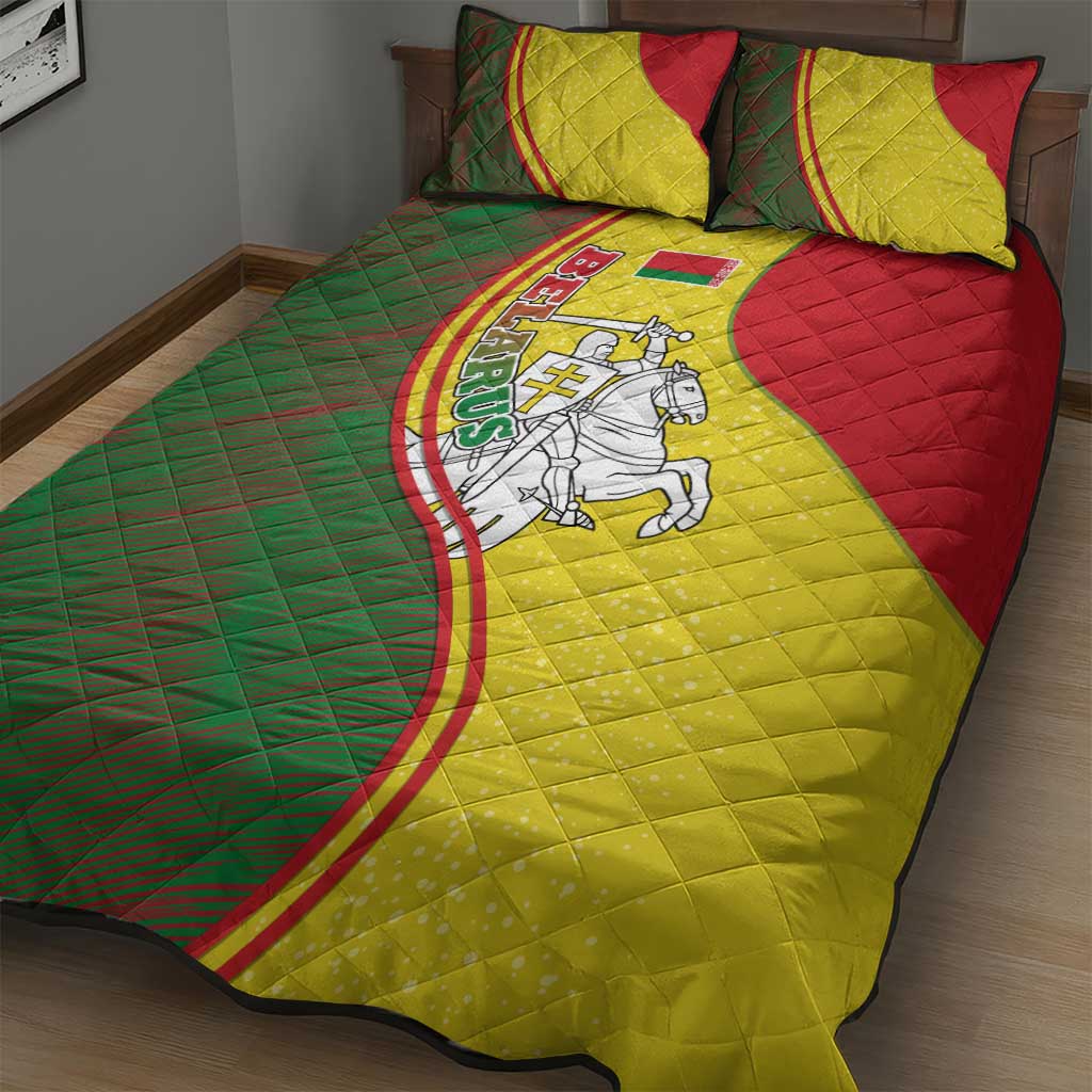 Belarus Pahonia Knight Crest Quilt Bed Set with Red Green Yellow Folk Pattern Design