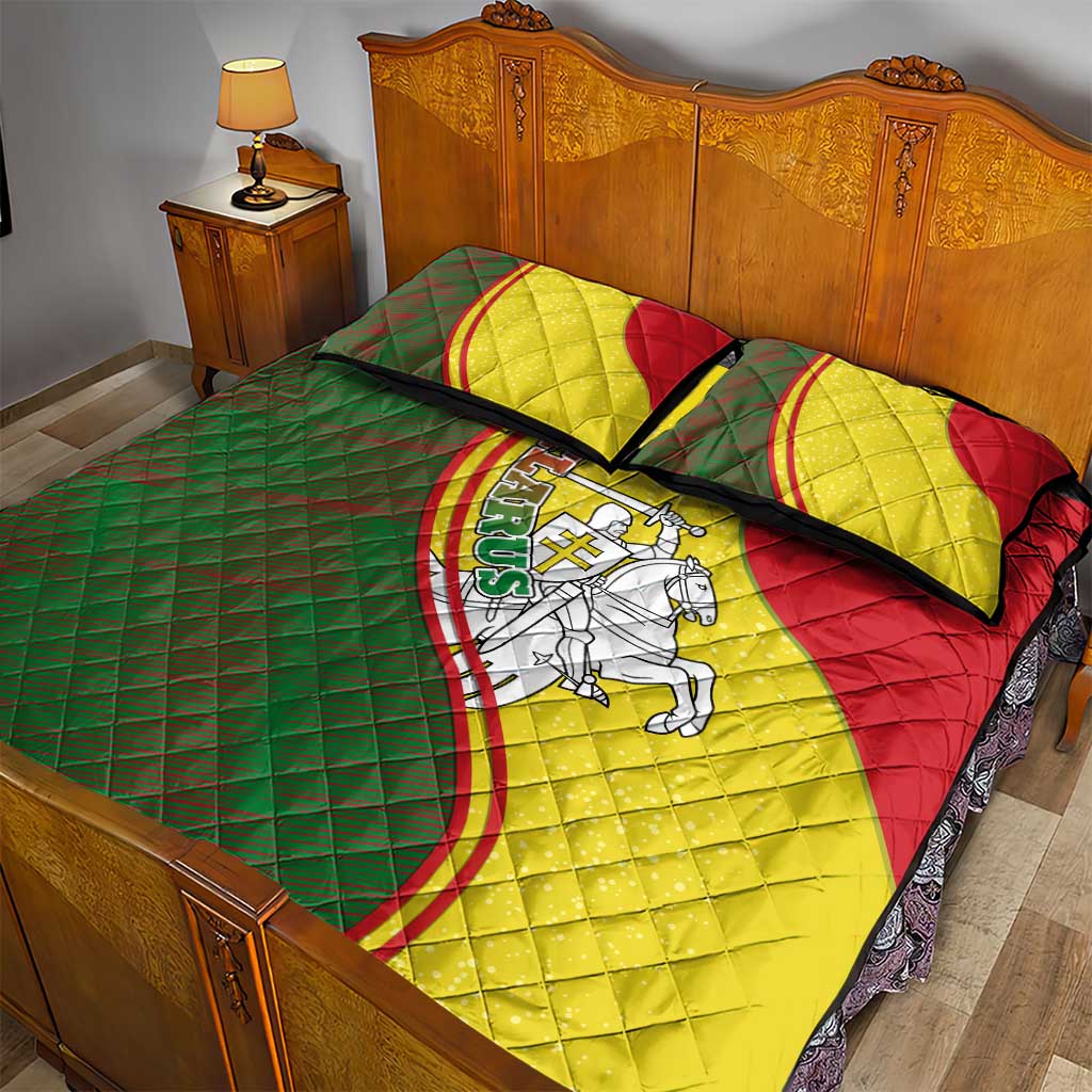 Belarus Pahonia Knight Crest Quilt Bed Set with Red Green Yellow Folk Pattern Design