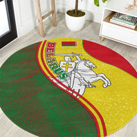 Belarus Pahonia Knight Crest Round Carpet with Red Green Yellow Folk Pattern Design