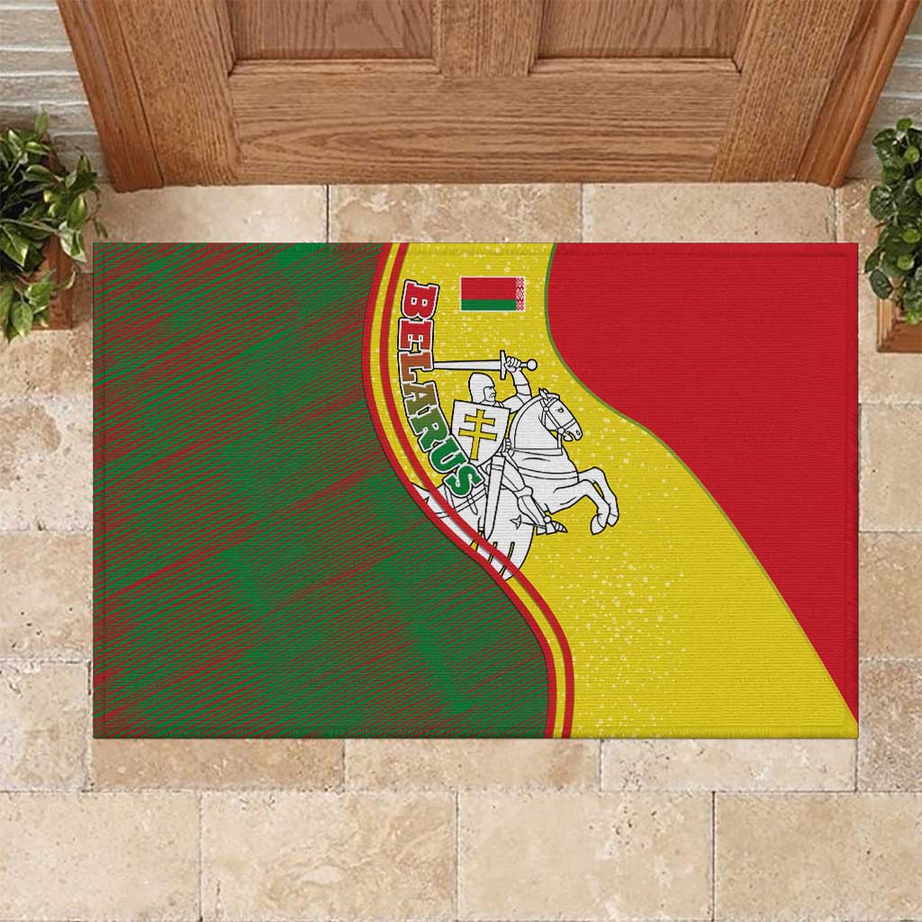 Belarus Pahonia Knight Crest Rubber Doormat with Red Green Yellow Folk Pattern Design