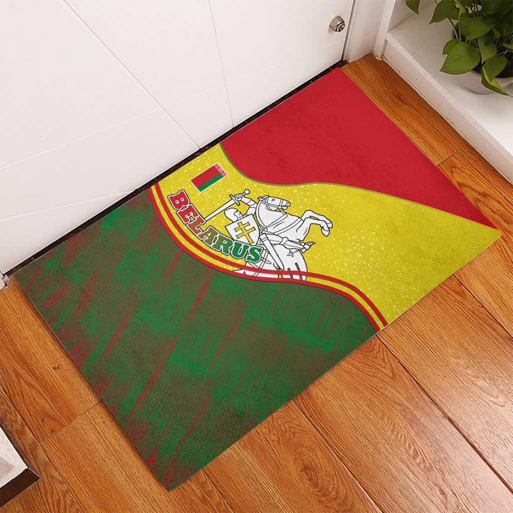 Belarus Pahonia Knight Crest Rubber Doormat with Red Green Yellow Folk Pattern Design