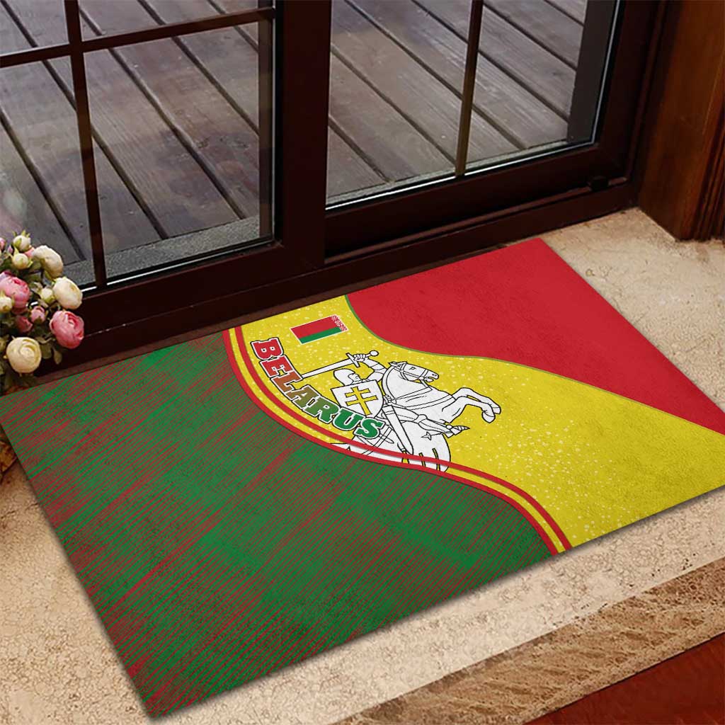 Belarus Pahonia Knight Crest Rubber Doormat with Red Green Yellow Folk Pattern Design