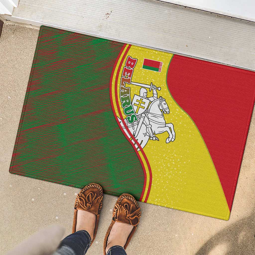 Belarus Pahonia Knight Crest Rubber Doormat with Red Green Yellow Folk Pattern Design