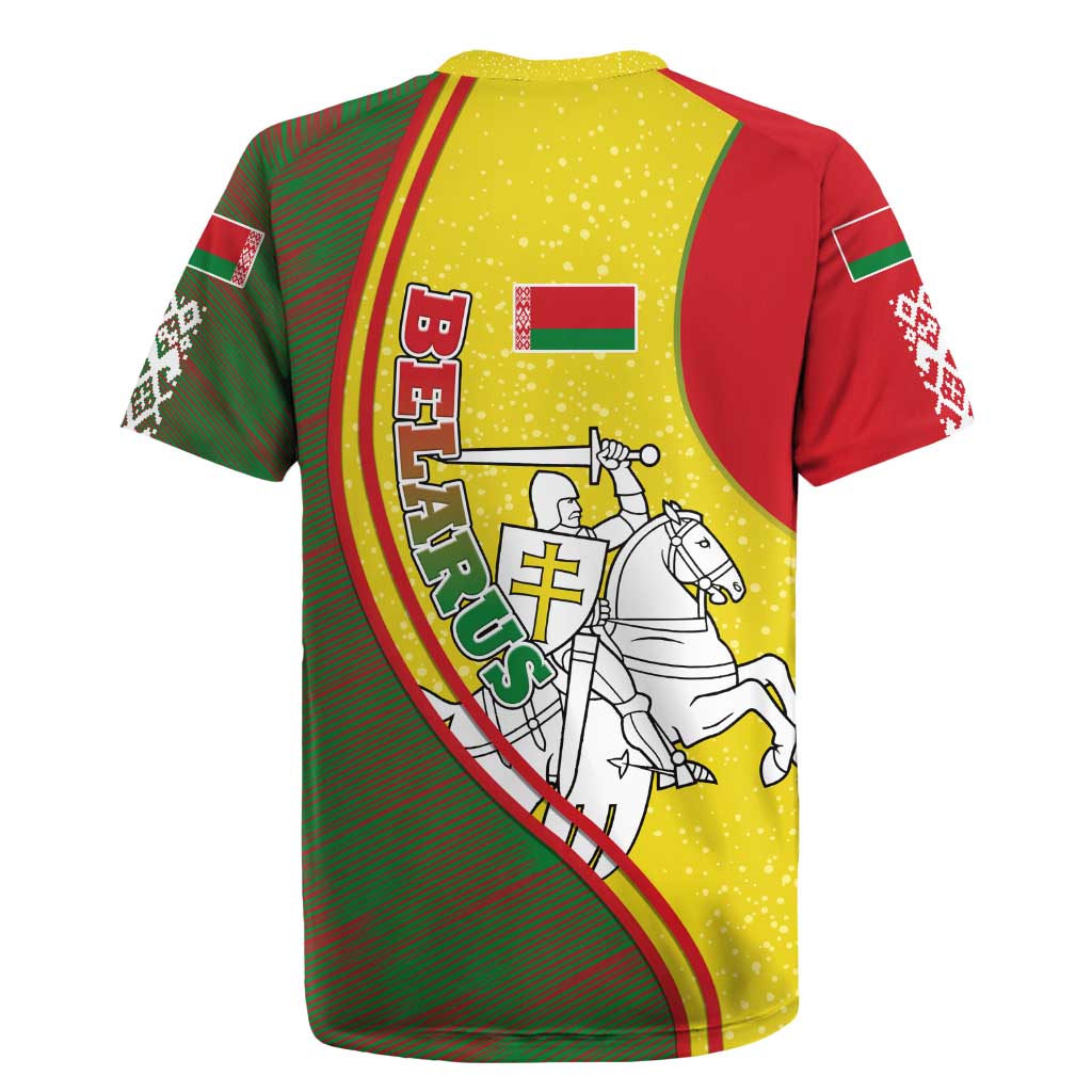 Belarus Pahonia Knight Crest Rugby Jersey with Red Green Yellow Folk Pattern Design