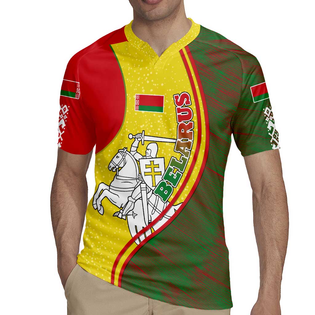 Belarus Pahonia Knight Crest Rugby Jersey with Red Green Yellow Folk Pattern Design