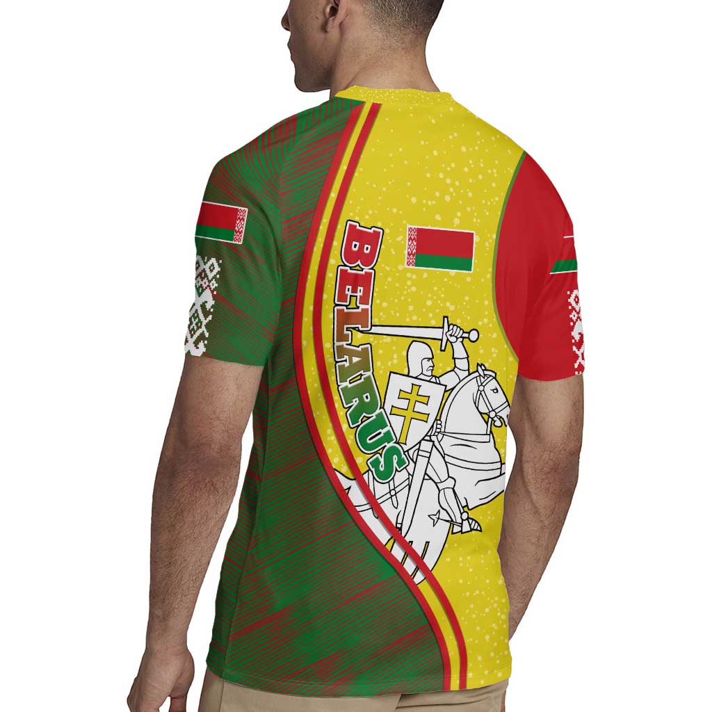 Belarus Pahonia Knight Crest Rugby Jersey with Red Green Yellow Folk Pattern Design