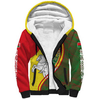 Belarus Pahonia Knight Crest Sherpa Hoodie with Red Green Yellow Folk Pattern Design
